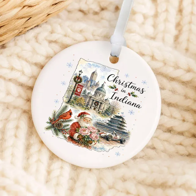 Avery Lane Gifts Christmas in Indiana State Map juleophæng porcelæn