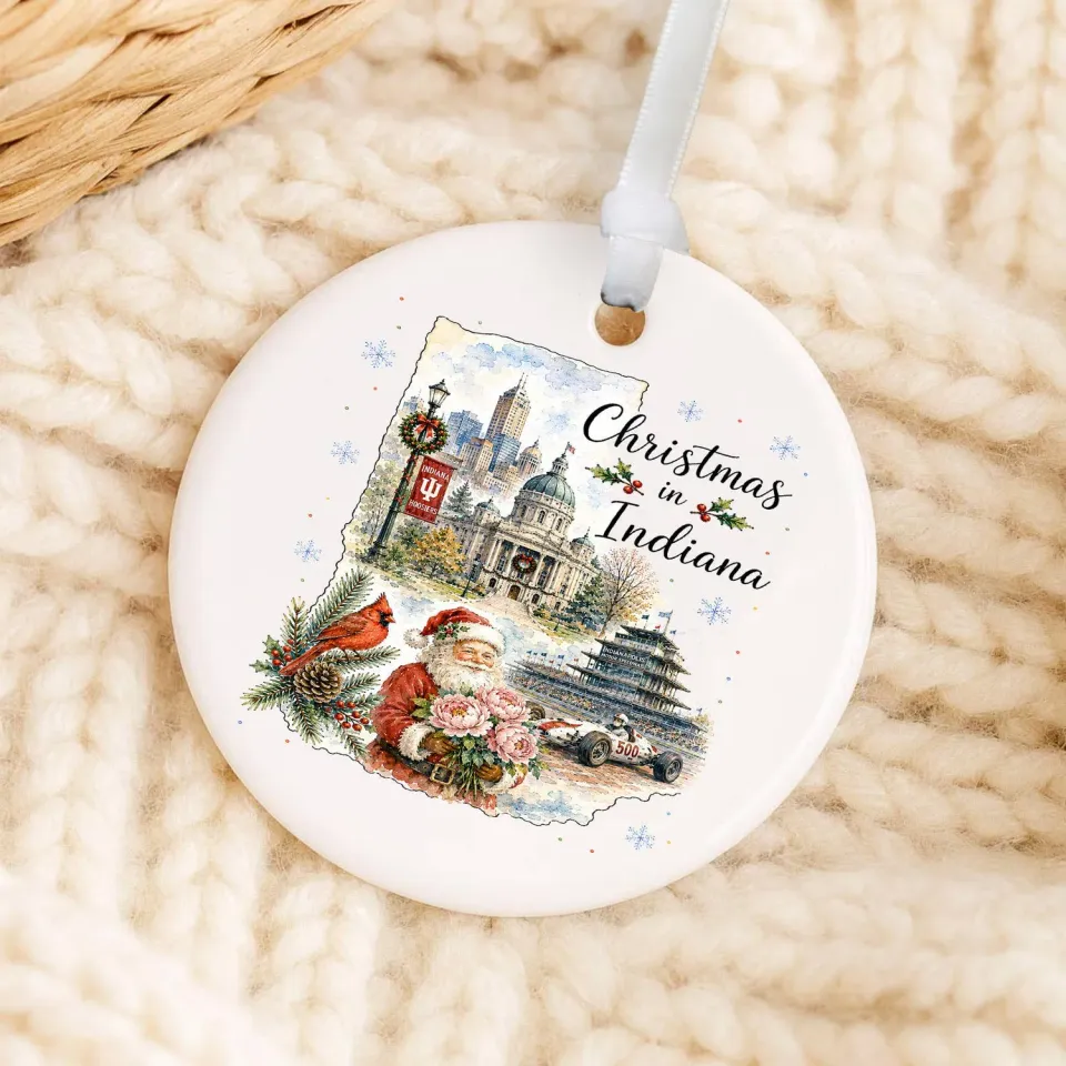 Avery Lane Gifts Christmas in Indiana State Map juleophæng porcelæn