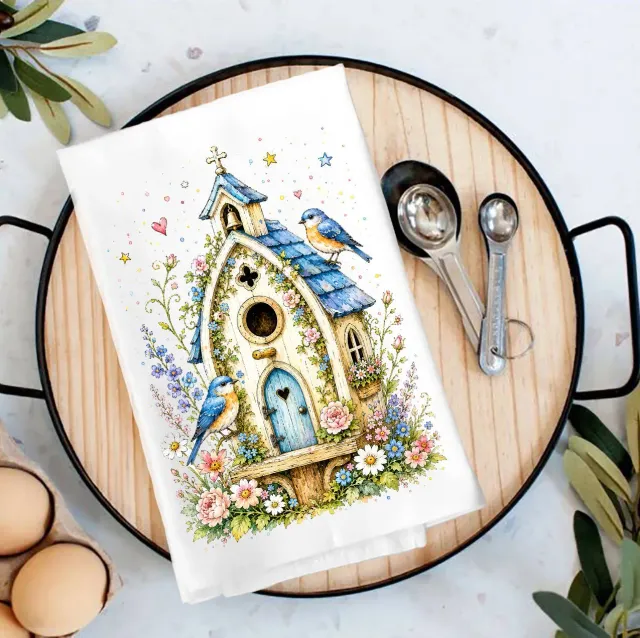 Avery Lane Gifts Birdhouse viskestykke bomuld 69x69 cm blå