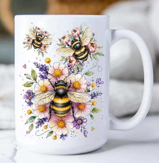 Avery Lane Gifts Whimsical Bees Flowers kaffekrus 15 oz hvid keramik
