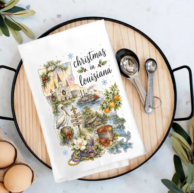 Avery Lane Gifts Christmas in Louisiana State Map viskestykke bomuld