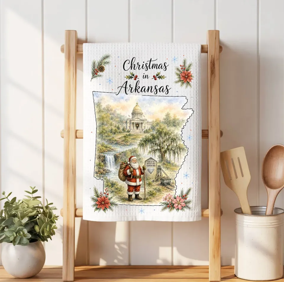 Avery Lane Gifts Christmas in Arkansas State Map viskestykke 41x36