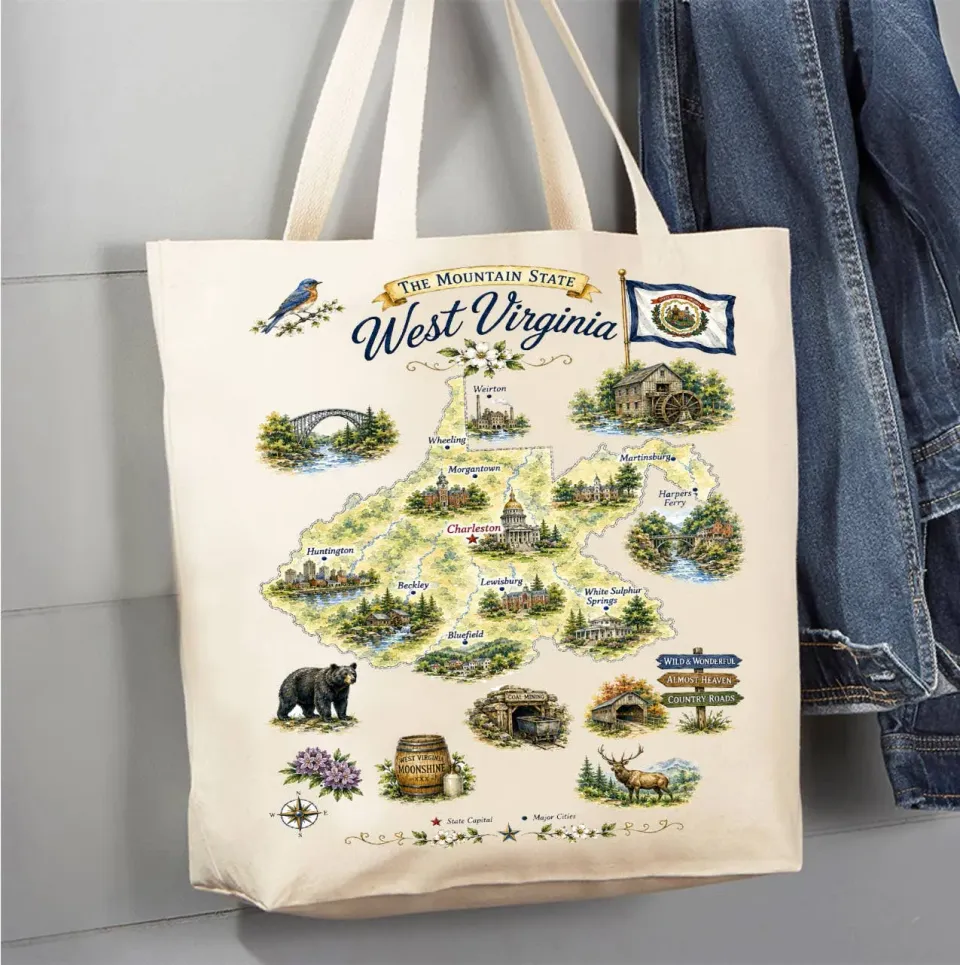 Avery Lane Gifts West Virginia State Map Landmark mulepose bomuld