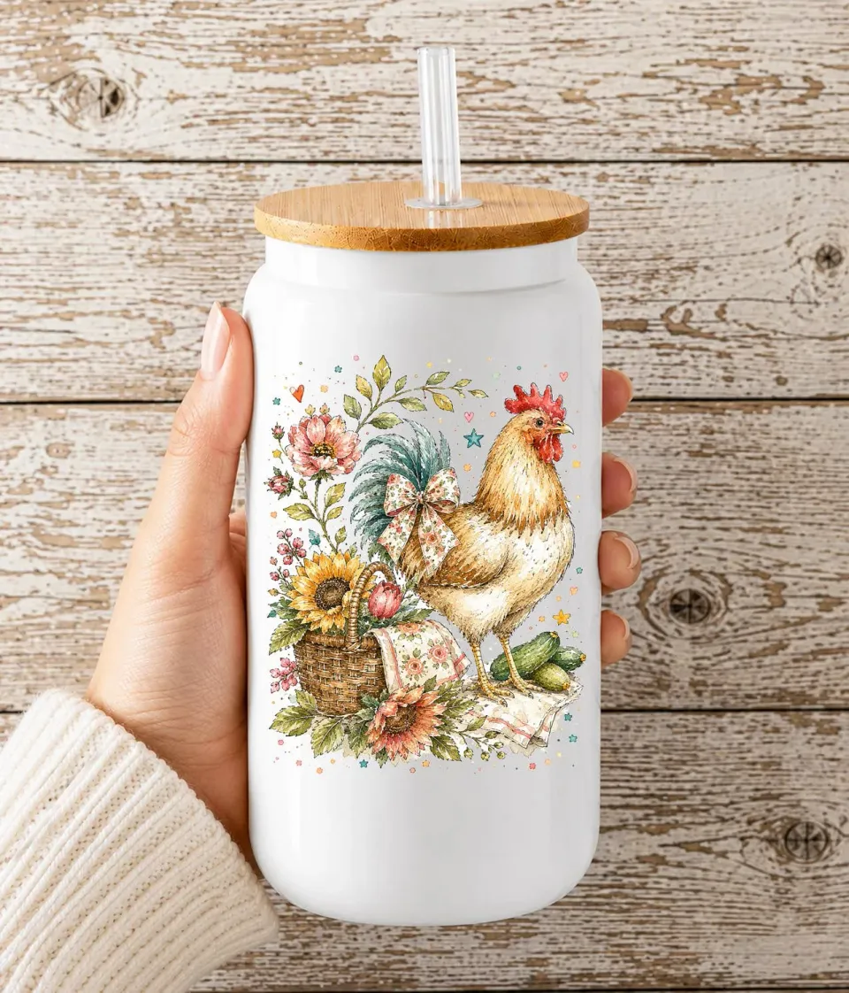Whimsical Country Hen Flowers drikkeglas 450 ml bambuslåg