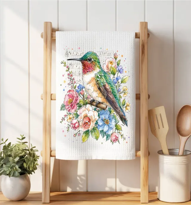 Avery Lane Gifts Spring Flowers Hummingbirds viskestykke waffle 41x36 cm