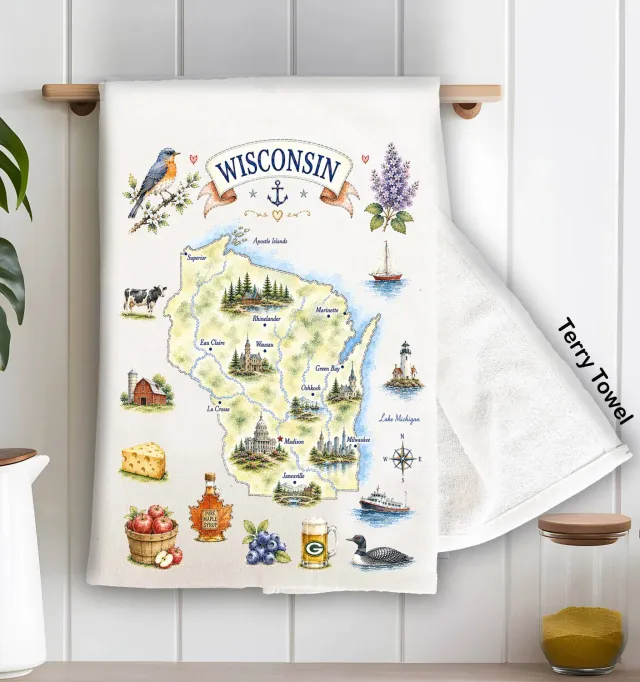Avery Lane Gifts Wisconsin State Map Landmark viskestykke 71x46 cm