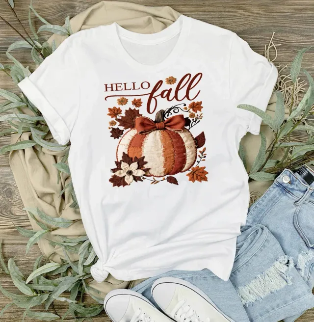 Avery Lane Gifts Hello Fall T-shirt hvid quiltet græskar