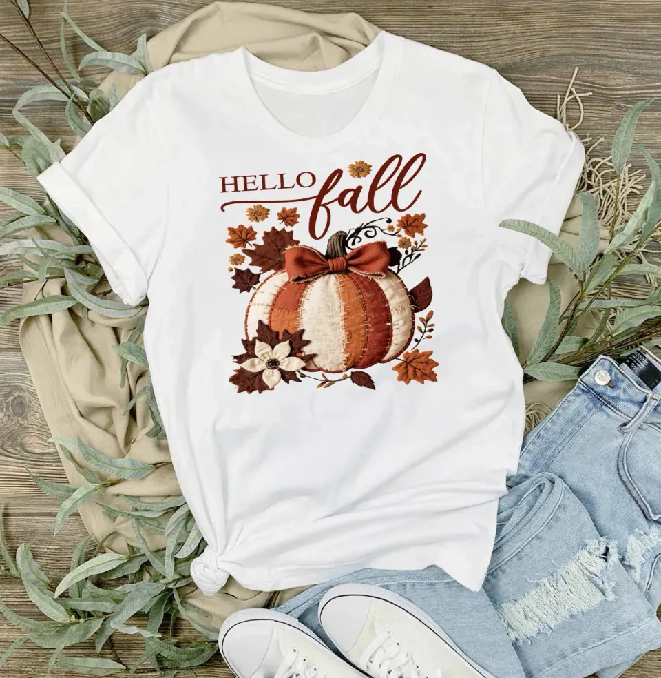 Avery Lane Gifts Hello Fall T-shirt hvid quiltet græskar