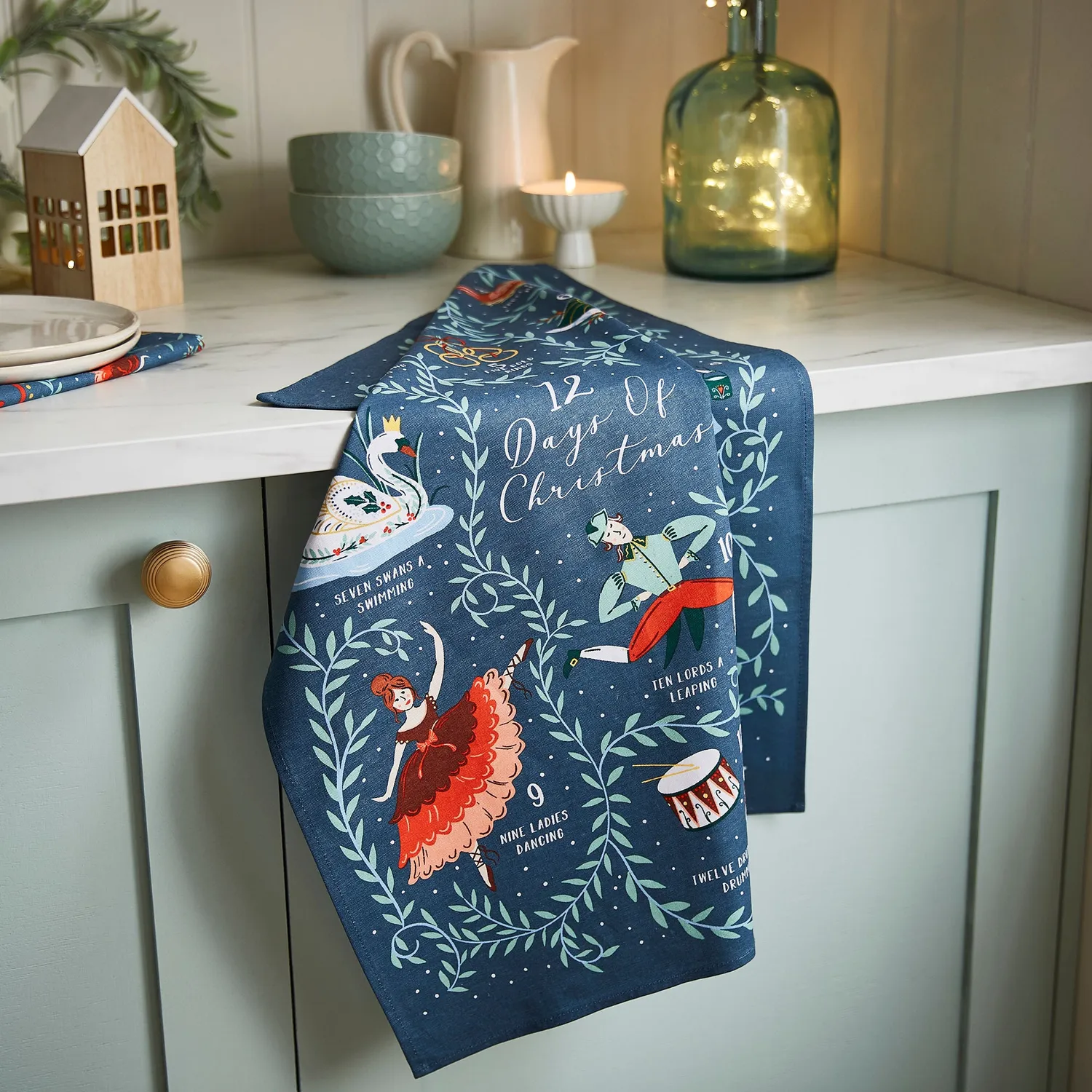 Ulster Weavers 12 Days of Christmas viskestykke blå bomuld