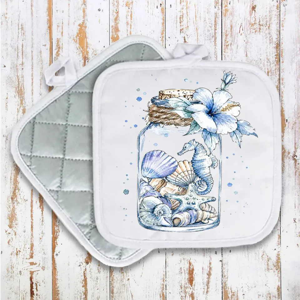 Avery Lane Coastal Blue Sea Shells in a Jar grydelap bomuld