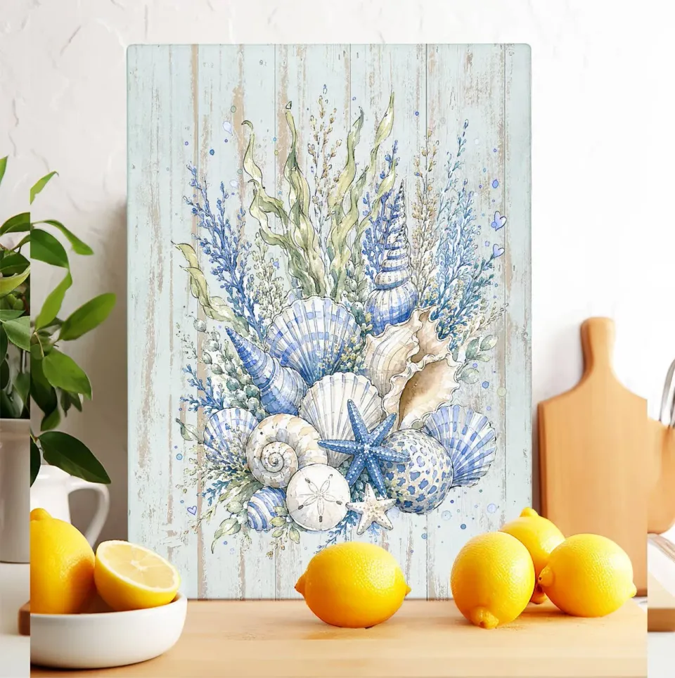 Avery Lane Gifts Coastal Blue Sea Shells Bouquet skærebræt 28x38 cm glas