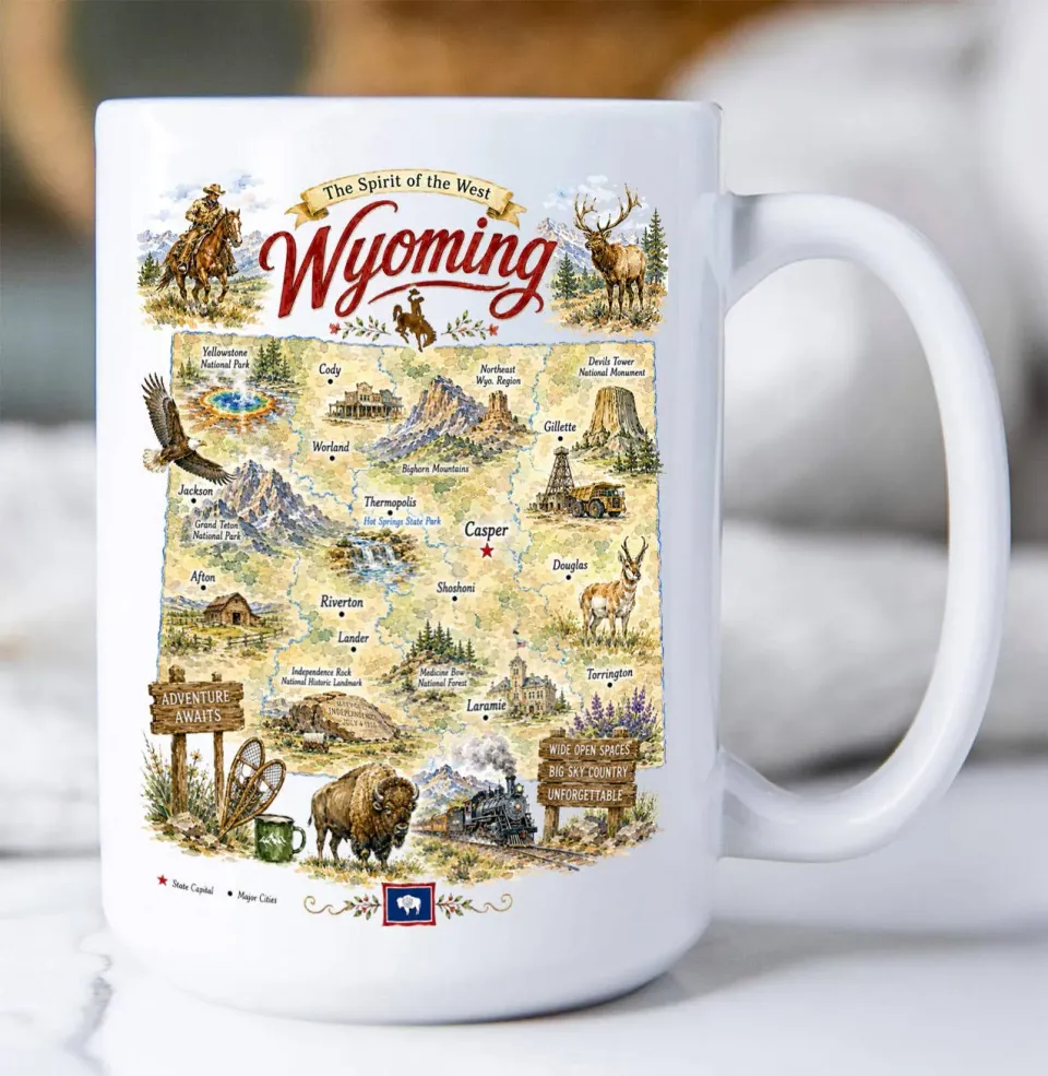 Avery Lane Wyoming State Map krus 44 cl hvidt med vartegn