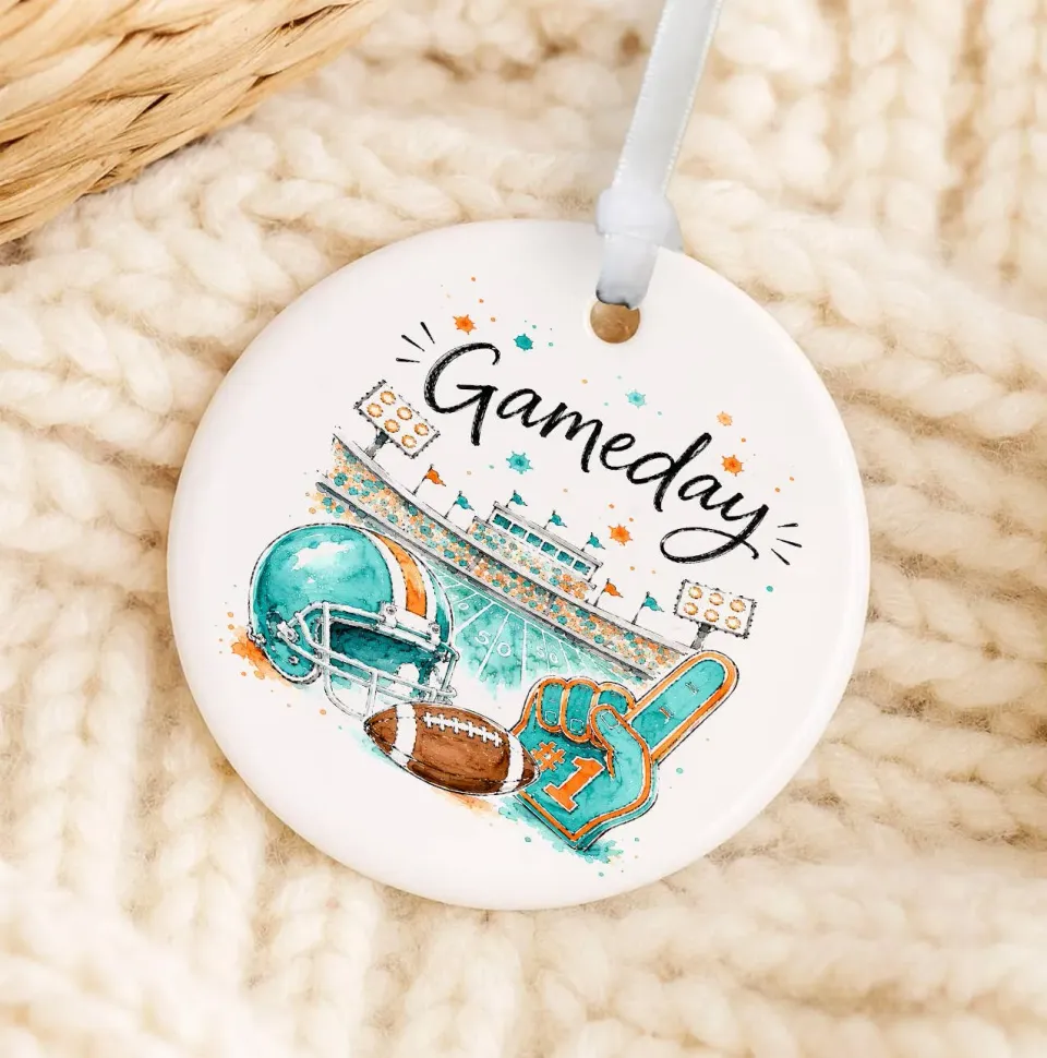 Avery Lane Gameday Football Aqua Orange julepynt porcelæn