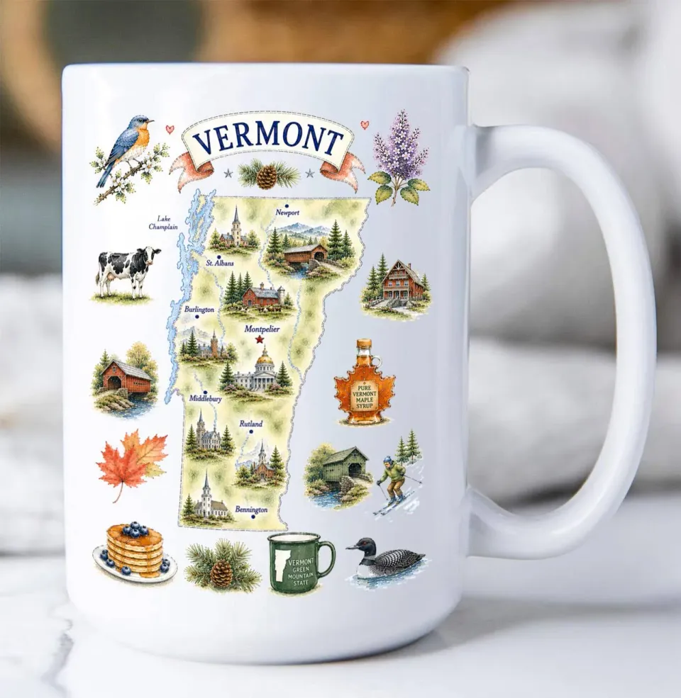 Avery Lane Gifts Vermont State Map krus hvid 15 oz