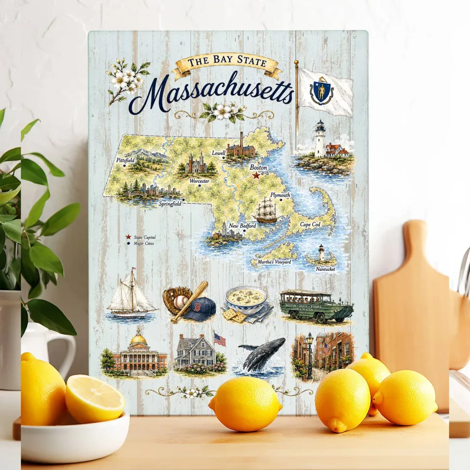 Avery Lane Gifts Massachusetts Map skærebræt glas 28 x 38 cm