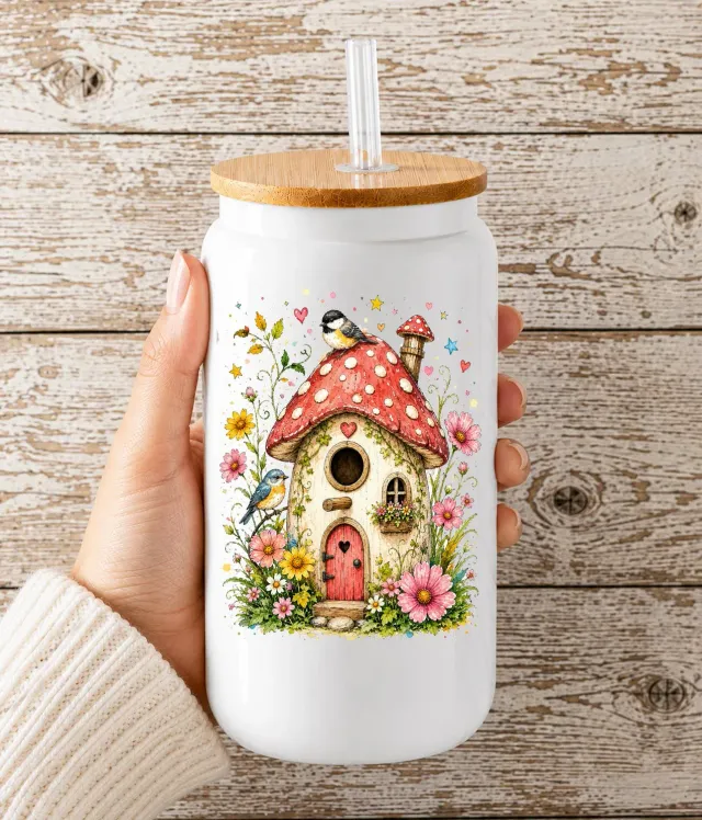 Avery Lane Gifts Mushroom Birdhouse drikkeglas 16oz bambuslåg