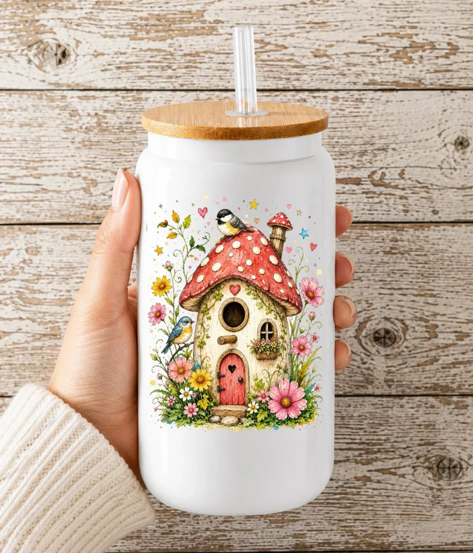 Avery Lane Gifts Mushroom Birdhouse drikkeglas 16oz bambuslåg