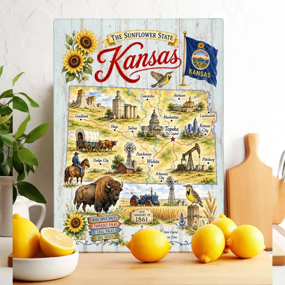 Avery Lane Kansas State Map Landmark skærebræt glas 28x38 cm
