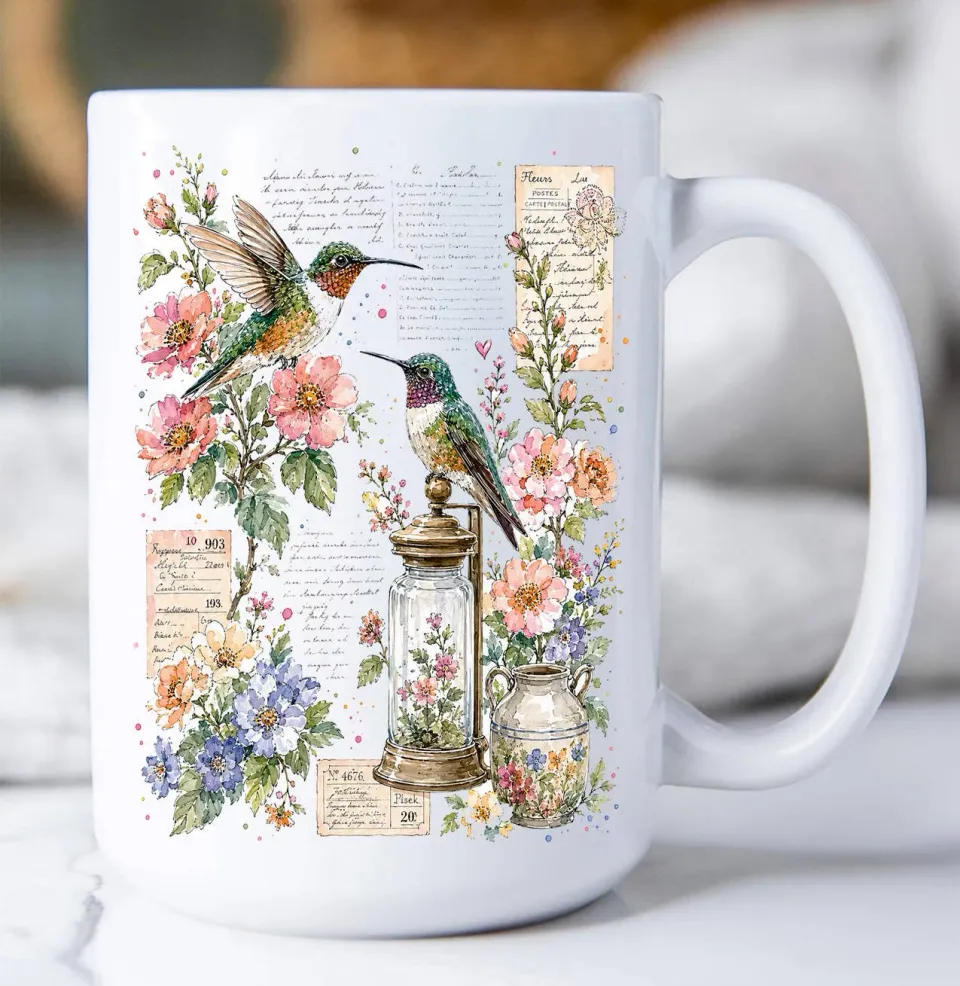 Avery Lane Gifts Vintage Flowers Hummingbirds krus 15oz hvid