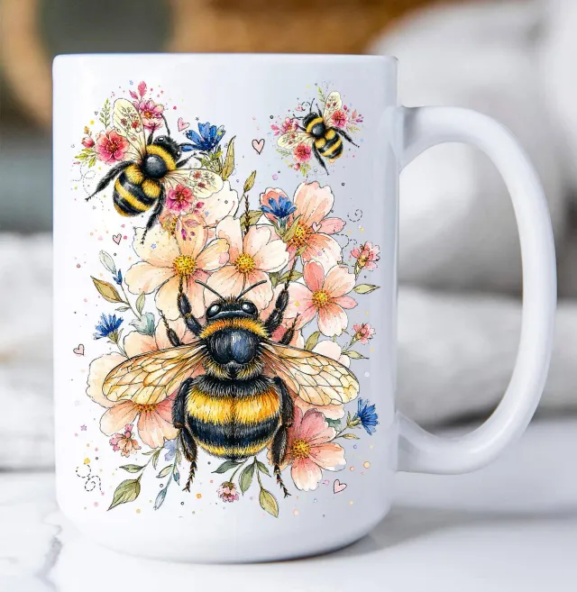 Avery Lane Gifts Watercolor Bees Flowers krus hvid 15 oz