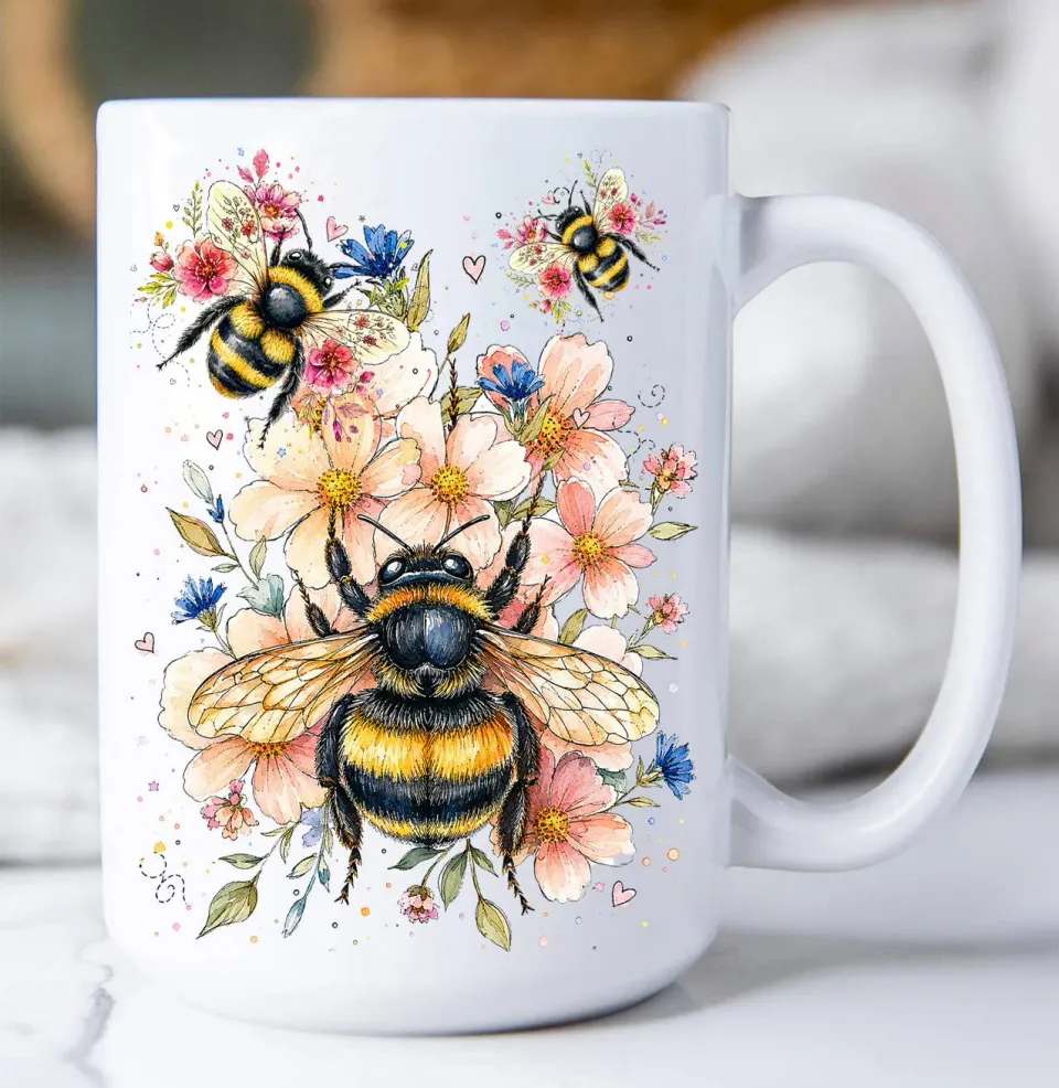 Avery Lane Gifts Watercolor Bees Flowers krus hvid 15 oz