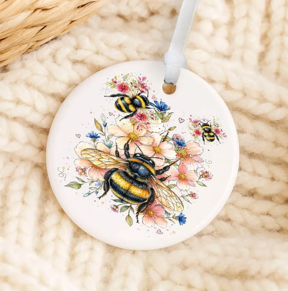 Avery Lane Gifts Watercolor Bees Flowers julepynt porcelæn 7,6 cm