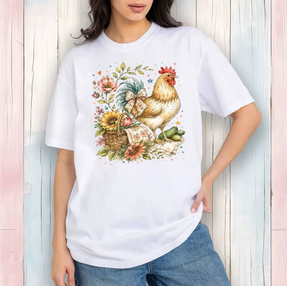 Avery Lane Gifts Whimsical Country Hen Flowers t-shirt hvid bomuld