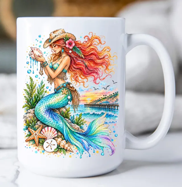 Cowboy Mermaid krus hvid keramik 443 ml med tekst begge sider