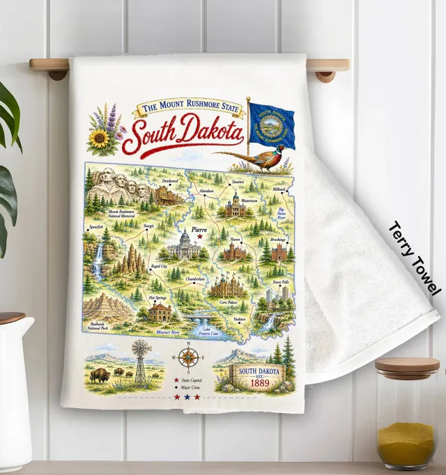Avery Lane Gifts South Dakota State Map Landmark viskestykke 71x46