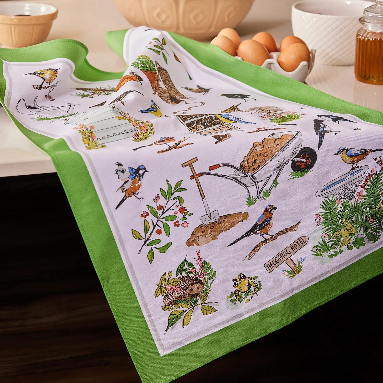 Ulster Weavers Garden Birds viskestykke grøn bomuld fugl