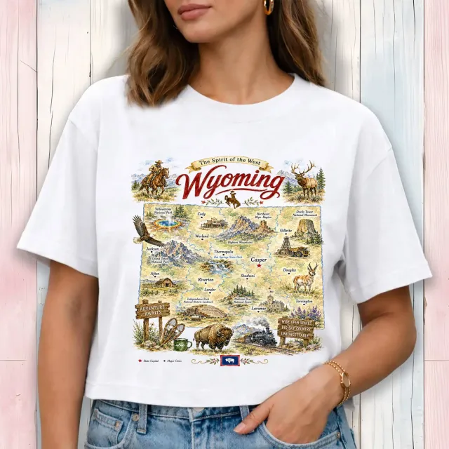 Avery Lane Gifts Wyoming State Map Landmark cropped t-shirt hvid