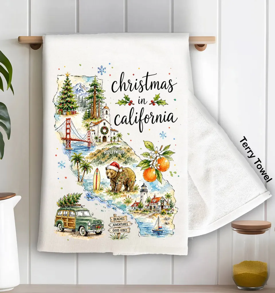 Avery Lane Gifts Christmas in California State Map viskestykke