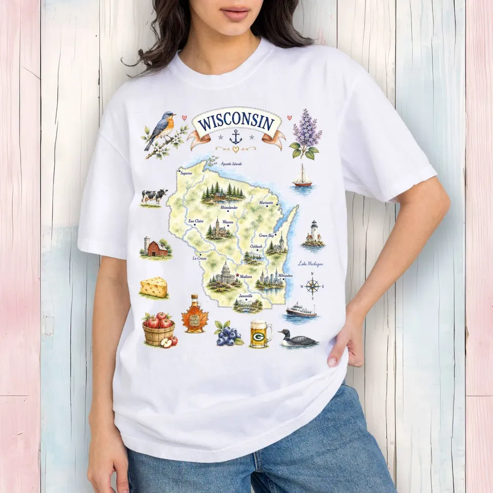 Avery Lane Gifts Wisconsin State Map Landmark t-shirt hvid S bomuld