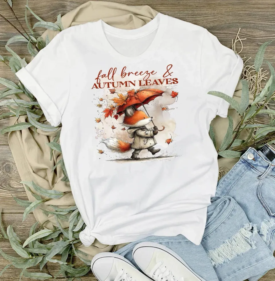 Avery Lane Gifts Fall Breeze Autumn Leaves Fox t-shirt hvid