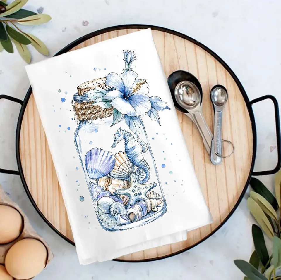 Avery Lane Gifts Coastal Blue Sea Shells in a Jar viskestykke bomuld