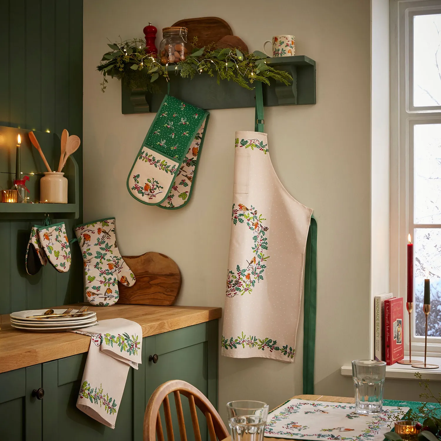 Ulster Weavers Christmas Robins serveringsbakke grøn 39x17 cm