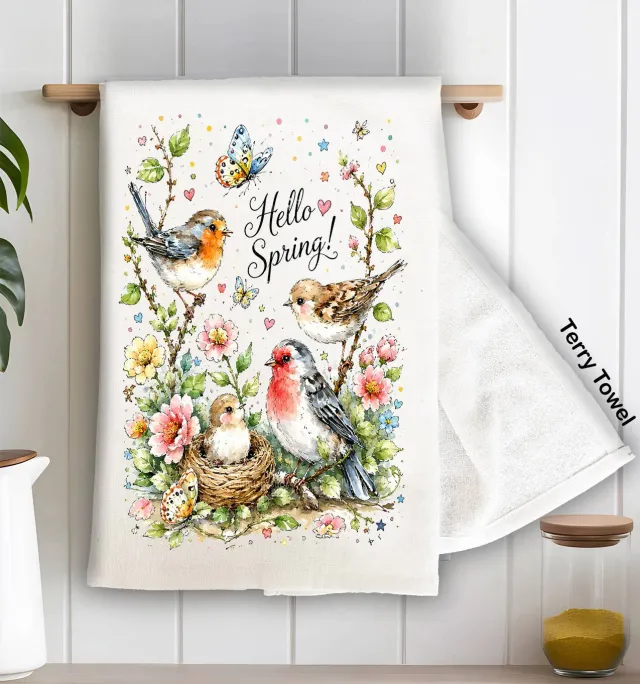 Avery Lane Gifts Hello Spring Flowers Birds køkkenhåndklæde frotté