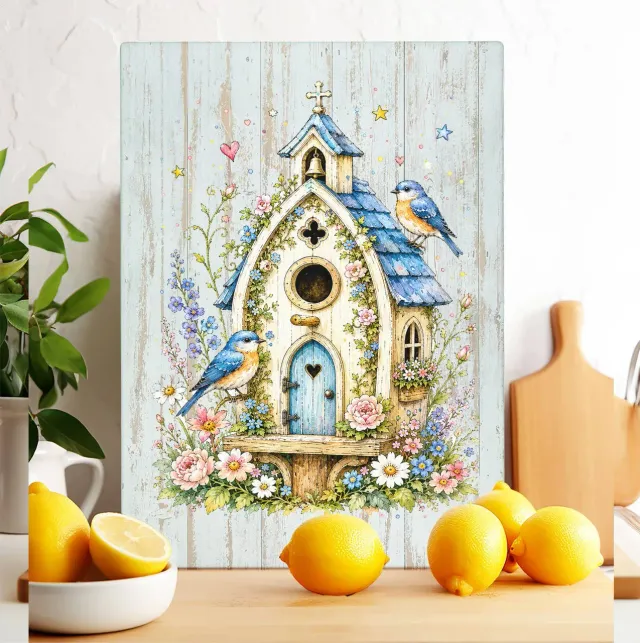 Avery Lane Gifts Birdhouse skærebræt glas 28x38 blå