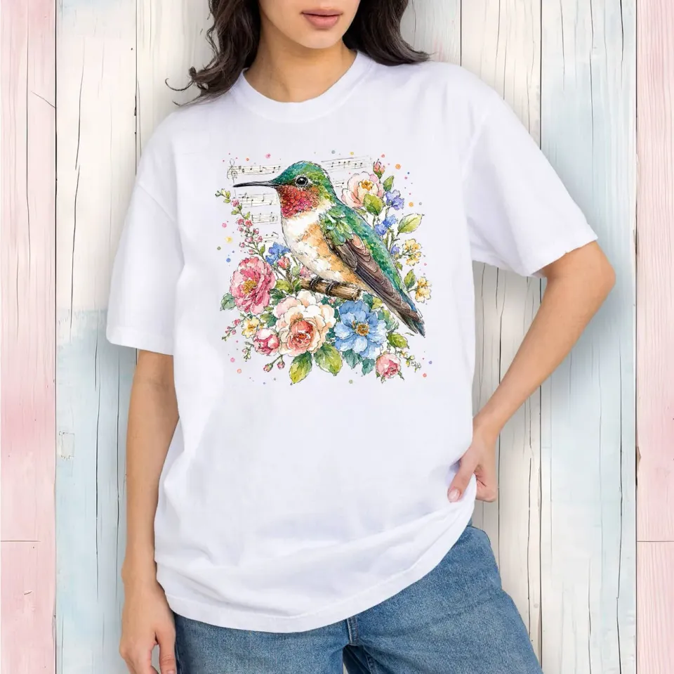 Avery Lane Gifts Spring Flowers Hummingbirds T-shirt hvid bomuld