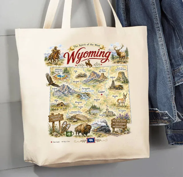 Avery Lane Gifts Wyoming State Map Landmark mulepose bomuld
