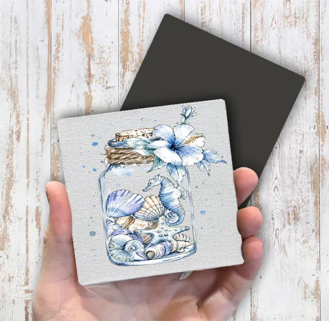 Avery Lane Gifts Coastal Blue Sea Shells magnet 4x4" canvas