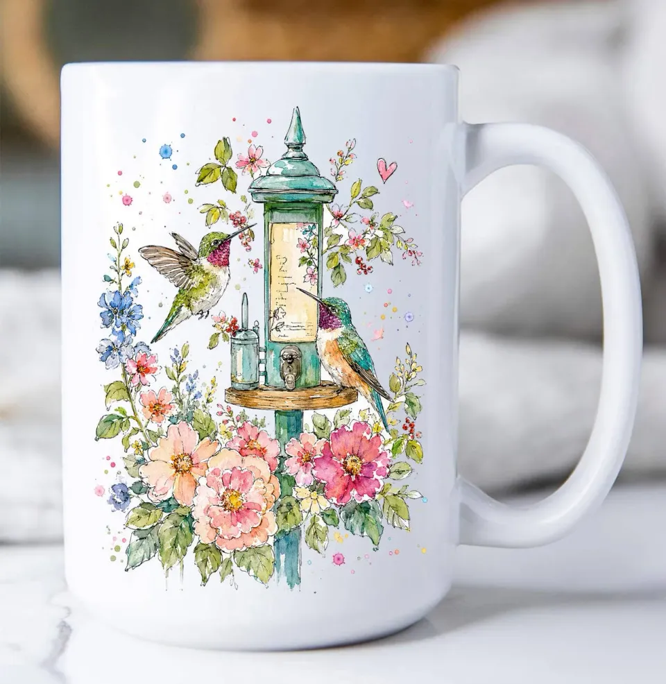 Avery Lane Gifts Spring Flowers Hummingbirds krus 15 oz hvid keramik
