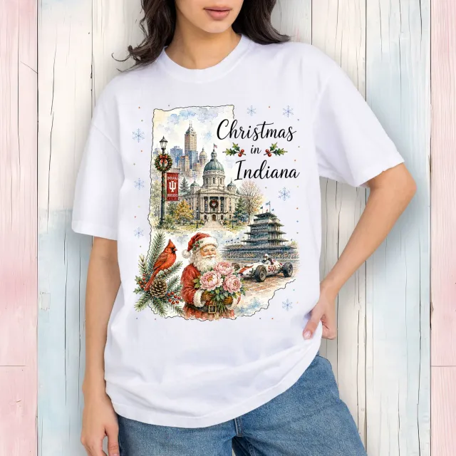 Avery Lane Gifts Christmas Indiana State Map T-shirt hvid bomuld