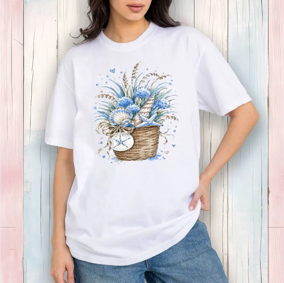 Avery Lane Gifts Coastal Blue Baskets of Shells T-shirt hvid bomuld