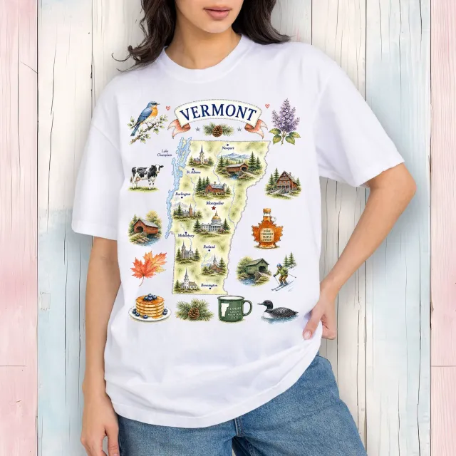 Avery Lane Gifts Vermont State Map T-shirt hvid 100% bomuld