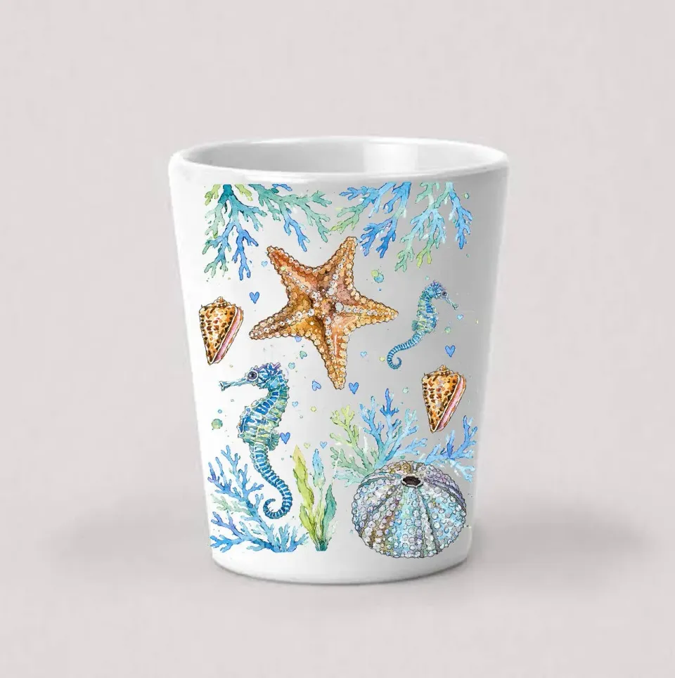 Avery Lane Gifts Coastal Blue shotglas 4 cl hvid keramik søhest