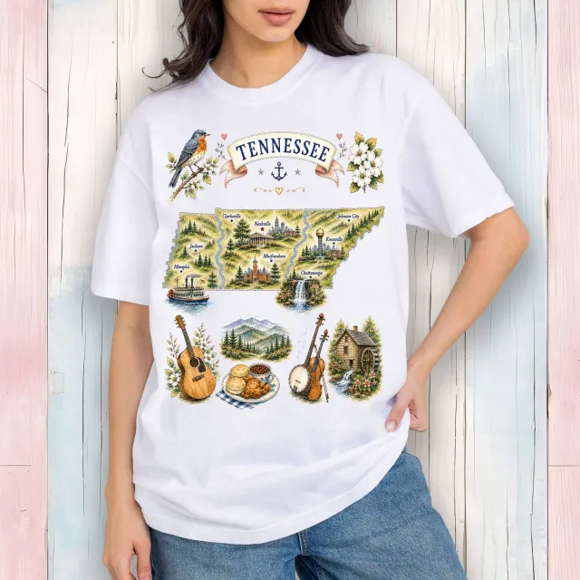 Avery Lane Gifts Tennessee State Map T-shirt hvid bomuld