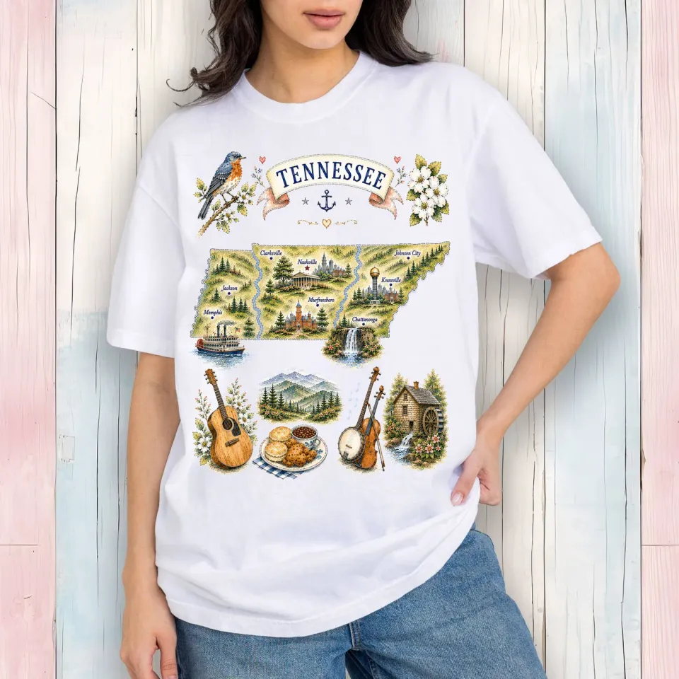 Avery Lane Gifts Tennessee State Map T-shirt hvid bomuld