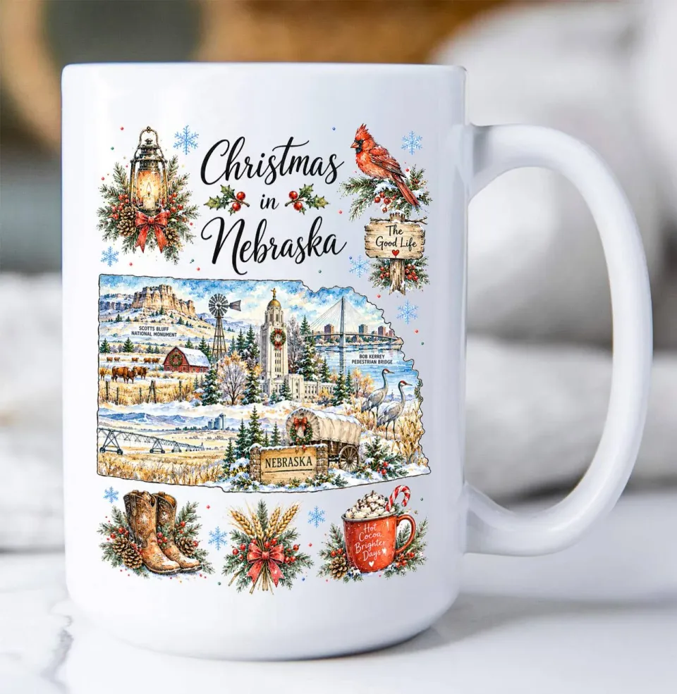 Avery Lane Gifts Nebraska krus 443 ml hvid keramik julekort