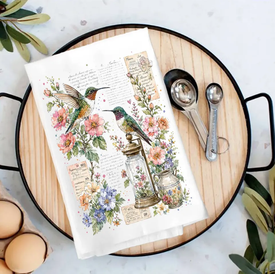 Vintage Flowers Hummingbirds viskestykke 69 cm bomuld